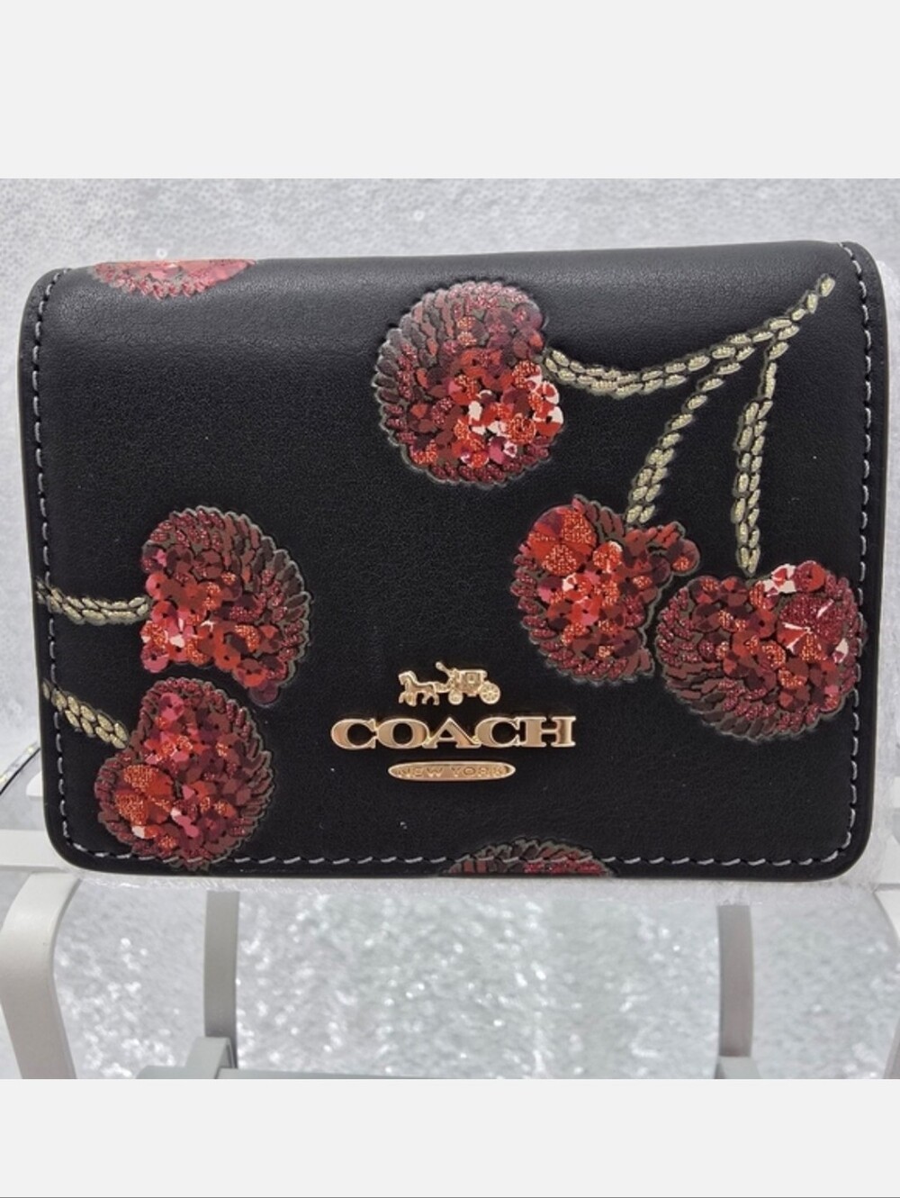 Coach Mini Wallat On A Chain Sequined Cherry Print Black Leather Crossbody